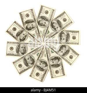 Künstlerische Muster von Dollarnoten Schneeflocke oder Sterne isoliert mit einem Beschneidungspfad auf weißem Hintergrund Stockfoto