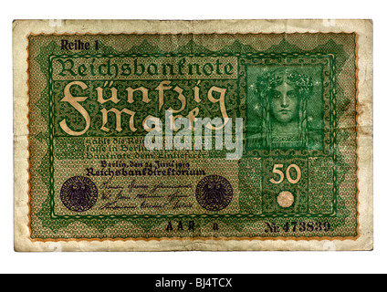 Vorderseite einer Reichsbanknote Rechnung der Zentralbank über 50 Mark, Berlin, Deutschland, 24. Juni 1919 Stockfoto