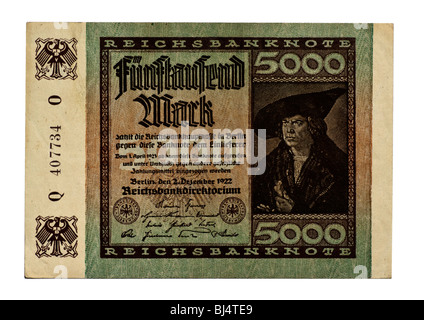 Vorderseite einer Reichsbanknote Rechnung der Zentralbank über 5 000 Mark, die Zentralbank der Bundesrepublik Deutschland, Berlin, Dezember 2n Stockfoto