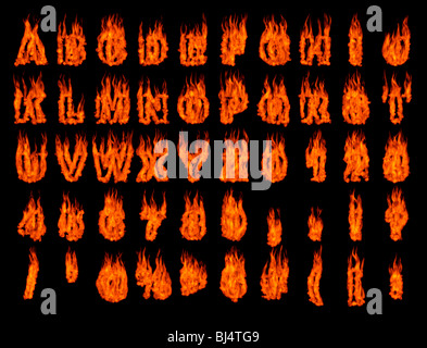 Brennen Sie Alphabet Buchstaben und Zahlen isolierte Silhouetten auf schwarzem Hintergrund. Gerenderte 3D illustration Stockfoto