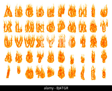 Brennen Sie Alphabet Buchstaben und Zahlen isolierte Silhouetten auf weißem Hintergrund. Gerenderte 3D illustration Stockfoto