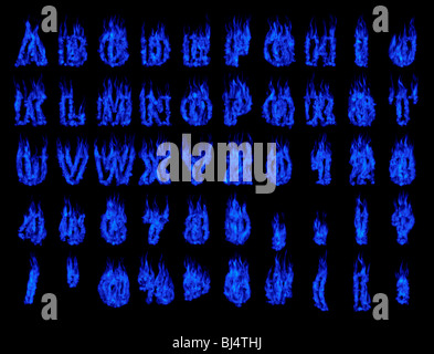 Brennen Sie blaue Alphabet Buchstaben und Zahlen isolierte Silhouetten auf schwarzem Hintergrund. Gerenderte 3D illustration Stockfoto