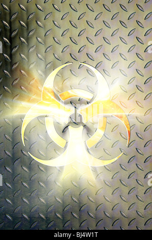 Glühende Biohazard Symbol über Stahl Hintergrund konzeptionelle Foto-illustration Stockfoto