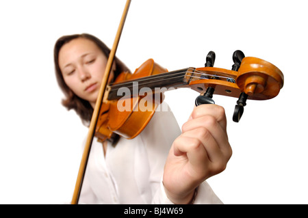 Mädchen tuning Violine isoliert Silhouette auf weißem Hintergrund Stockfoto