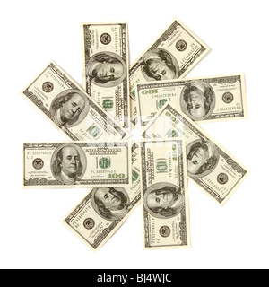 Künstlerische Muster aus Dollar Rechnungen Schneeflocke Stern oder geschlossen Blende isoliert mit einem Beschneidungspfad auf weißem Hintergrund Stockfoto