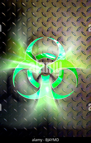 Glühende Biohazard-Symbol über Stahl Hintergrund konzeptionelle Foto-Illustration enthält einen Beschneidungspfad Stockfoto