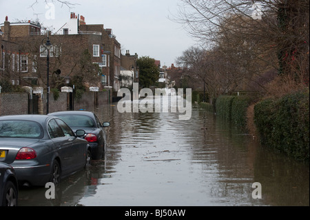 Überschwemmungen in Chiswick, West London, verursacht durch eine außergewöhnliche Springflut an der Themse. Stockfoto