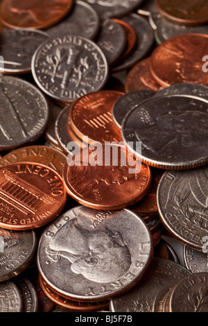 Pfennige, Nickles, Groschen und Viertel-Makro-Hintergrund Stockfoto