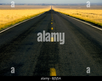 Autobahn 28, eine zwei-spurige Autobahn, die zurückgeht bis zum fernen Horizont, in der Nähe von Rexburg, Idaho, USA Stockfoto