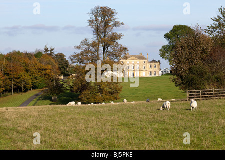 Am späten Nachmittag scheint Herbstsonne auf der Westfront des Salperton Park in den Cotswolds in Salperton, Gloucestershire, Großbritannien Stockfoto