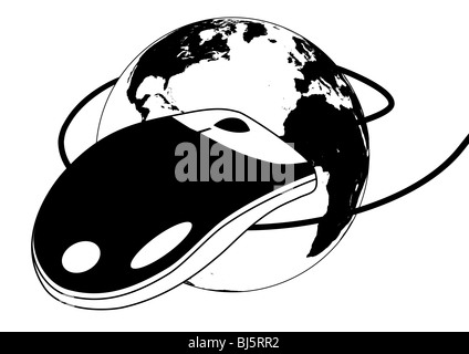 Schwarz / weiß-Computer-Maus mit Kabel rund um den Globus mit Weltkarte. Stockfoto