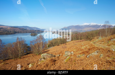 Ein Winter-Blick über Derwentwater aus den Hängen unterhalb Walla Crag, Nationalpark Lake District, Cumbria Stockfoto