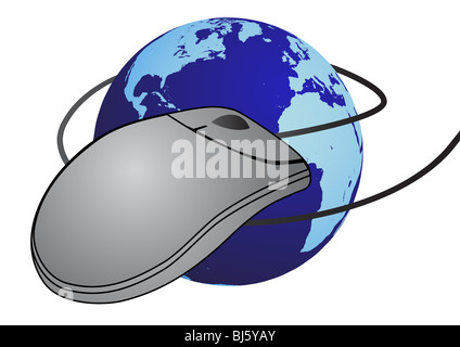 Graue Maus mit Kabel rund um den blauen Globus mit Weltkarte. Stockfoto