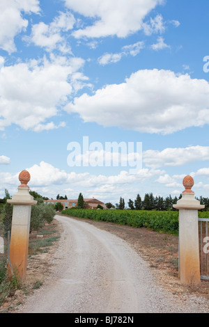 Der Eingang eines Weinbergs. Alte Stein gats und Straße, die zu einem Weinberg in der Provence, Frankreich Stockfoto