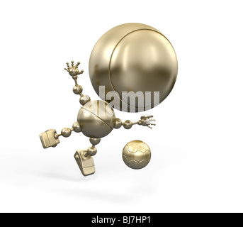 Goldene Fußballer in Luft kickt den Ball. Goldene Figur von Football-Spieler Stockfoto