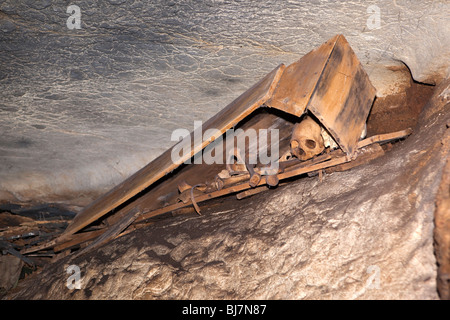 Indonesien, Sulawesi, Tana Toraja, Londa Dorf Bestattung Höhle, menschliche Überreste im offenen Sarg ausgesetzt Stockfoto