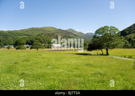 Kirche und Gelert das Grab in Beddgelert mit Nantlle Kante hinter in Snowdonia, Nordwales Stockfoto