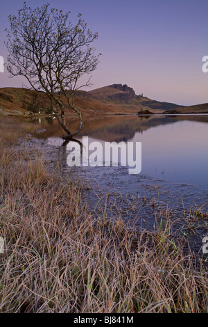 Der Old Man of Storr spiegelt sich in Loch Fada, Isle Of Skye, Schottland Stockfoto