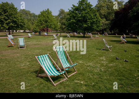 Leere Liegestühle im park Stockfoto