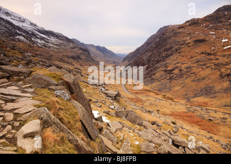 Ansichten von Pen-y-Pass in Richtung Llanberis. Stockfoto