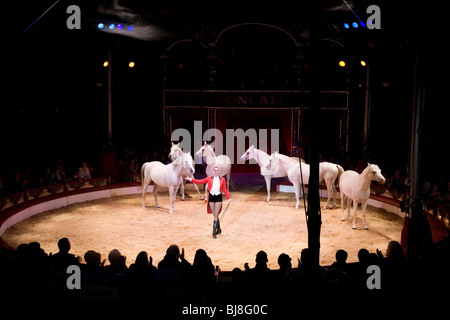 Ein Pferdetrainer gekleidet in rot, in der Mitte von einer Show im Ehrenring. Zirkus Roncalli. München, Deutschland Stockfoto