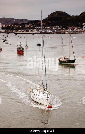 Boote, die in den schnell fließenden Strömungen des Flusses Conwy, Conwy Clywd, Wales liegen Stockfoto