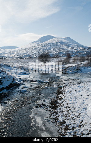 dh BALSPORRAN INVERNESSSHIRE Snowy scottish glen scotland Winterszene Fluss Schneebedeckte Hügel Landschaft Hochland Landschaft Stockfoto