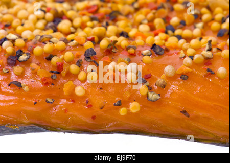 Stremel-Lachs Stremel heiß geräuchert Stücke Lachs Fisch-Filet mit Paprika und Gewürze Pfeffer Paprika Zwiebel Senf Samen Rauch s Stockfoto