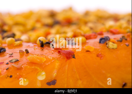 Stremel-Lachs Stremel heiß geräuchert Stücke Lachs Fisch-Filet mit Paprika und Gewürze Pfeffer Paprika Zwiebel Senf Samen Rauch s Stockfoto