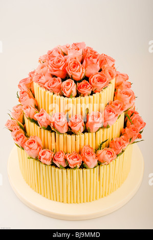 Eleganten dreistöckigen kreisförmige weiße Schokolade Hochzeitstorte mit rosa Rosen Stockfoto