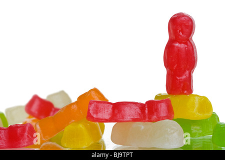 Konzeptionelle Jellybaby Serie. Gummibären in verschiedenen Szenarien, Erfolg, Misserfolg, Geschäft usw. darstellt. Sehr bunte Bilder Stockfoto