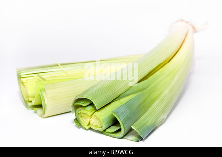 Studioaufnahme von zwei Lauch vor einem weißen Hintergrund Stockfoto