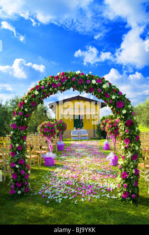 Die Hochzeit mit einem Blumenbogen und ein Blütenblatt-Pfad Stockfoto