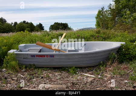 Kunststoff Ruderboot mit Ruder saß in einem Feld von Unkraut Stockfoto