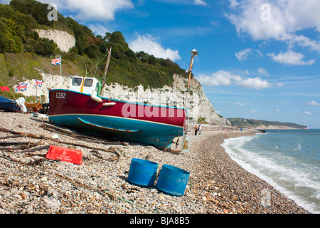 Angelboote/Fischerboote am Strand von Bier, Devon England UK Stockfoto