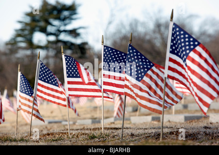 Vereinigt Staaten Flaggen auf Grabstellen auf einem Militärfriedhof, Providence, Rhode Island Stockfoto