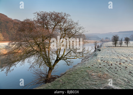 Frostigen Wintermorgen am Bigsweir in der Nähe von Monmouth im unteren Wye Valley. Stockfoto