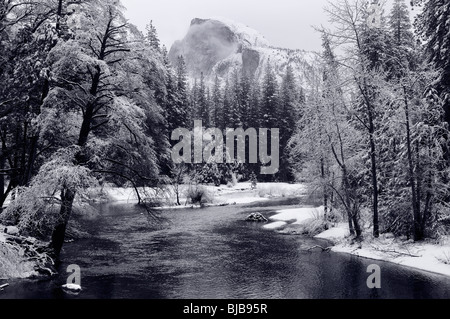 Monochrome des Half Dome mit Schnee Bäume am Merced River im Yosemite valley Yosemite National Park Kalifornien USA abgedeckt Stockfoto