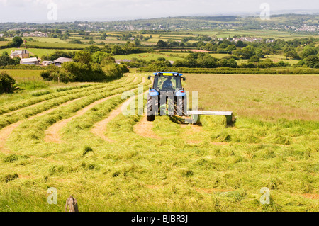 Traktor schneiden Teile des Grases für Silage, Devon UK Stockfoto