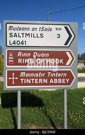 Generische Straße & Tourist unterzeichnen in Irland auf Saltmills, der Ring von Haken und Tintern Abbey. Stockfoto