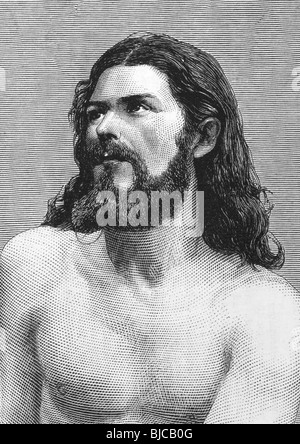 Jesus Christus am Gravur aus den 1800er Jahren. Durchgeführt durch Joseph Mair in den Passionsspielen Oberammergau. Stockfoto