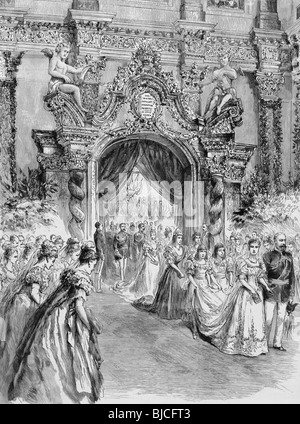 Die Braut betreten die Kapelle mit ihrem Vater, dem Herzog von Coburg. Gravur von der Grafik im Jahre 1894 veröffentlicht. Stockfoto
