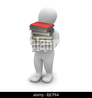 Mann trägt hohe Stapel von Hardcover-Büchern Stockfoto