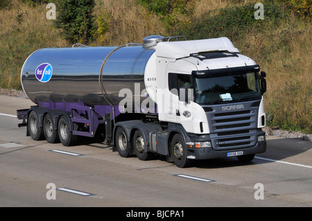 Erstes Markensymbol mit Milk Logo auf Scania R420 lkw-Zugmaschine LKW und knickgelenkter Tankwagen aus Edelstahl, der auf der Autobahn M25 UK fährt Stockfoto