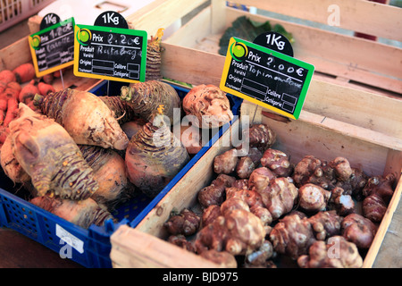 Frankreich-Topinambur für den Verkauf auf einem Marktstand Stockfoto