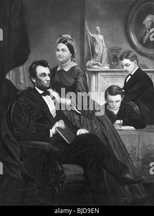 Schwarz / weiß-Gravur drucken c1860s von US-Präsident Abraham Lincoln zu Hause mit seiner Frau Mary und Söhne Thomas und Robert. Stockfoto