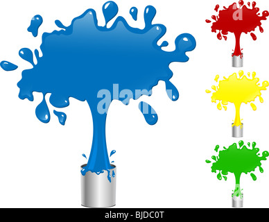 Blaue, rote, gelbe und grüne Splash Farbeimer. Stockfoto