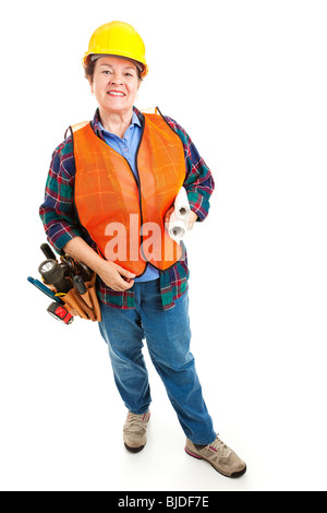 Weibliche Bauarbeiter mit ihren Werkzeugen und Baupläne. Isoliert auf weiss. Stockfoto