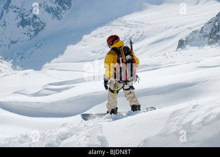 Snowboarden auf "Vallée Blanche" Gletscher Hochgebirge, Chamonix, Frankreich Stockfoto