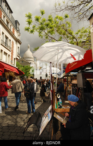 Gemälde im Montmartre Place du Tertre, mit Blick auf Sacre Coeur, Paris Frankreich Stockfoto